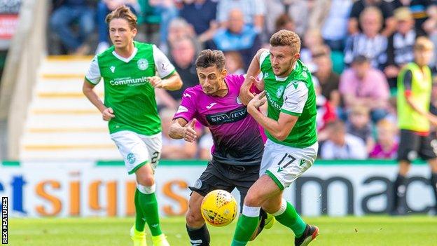 Tom James (right) in action for Hibernian