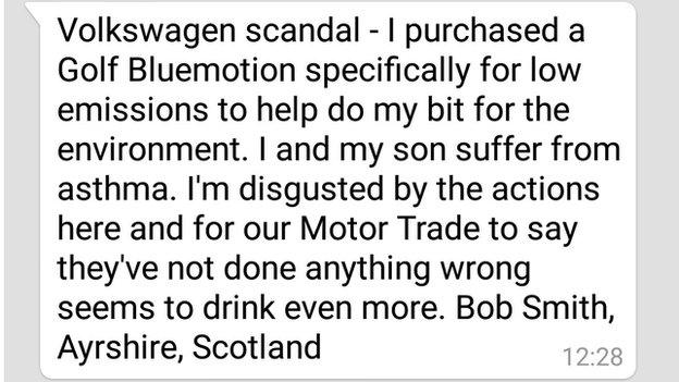 Bob Smith: I purchased a Gold Bluemotion specifically for low emissions to help to my bit for the environment. I and my son suffer from asthma. I'm disgusted by the actions here and for our Motor Trade to say they've not done anything wrong seems to drink even more.