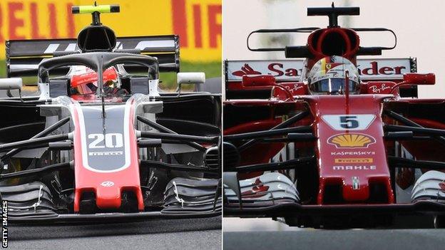 The 2018 Haas (left) alongside the 2017 Ferrari