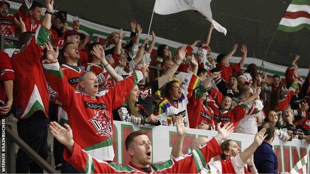 Cardiff Devils fans cheer the team on against Graz99ers in the Champions Hockey League