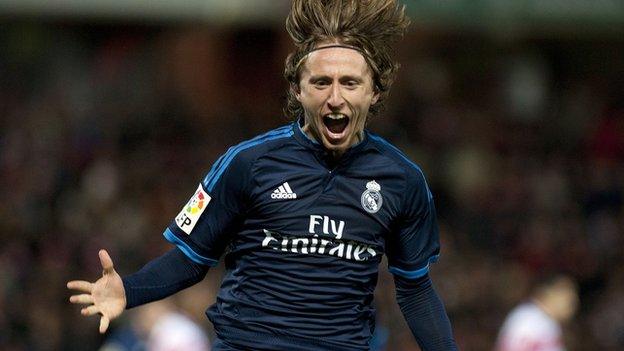 Luka Modric celebrates scoring for Real Madrid