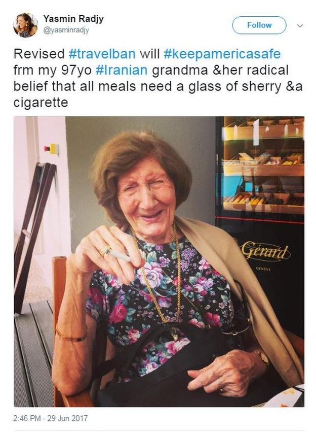 Yasmin Radjy tweets a photo of her grandmother with the caption: "Revised #travelban will #keepamericasafe from my 97yo #Iranian grandma &her radical belief that all meals need a glass of sherry &a cigarette".