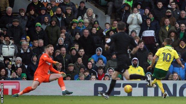 Moritz Leitner puts his shot wide for Norwich