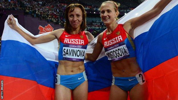 Mariya Savinova (left) and Ekaterina Poistogova celebrate at London 2012