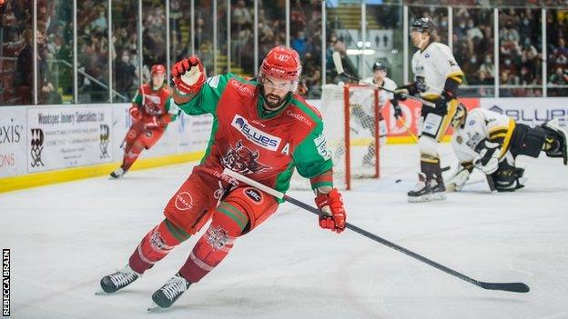 Cardiff Devils forward Stephen Dixon scores the first goal of a weekend double header with Nottingham Panthers