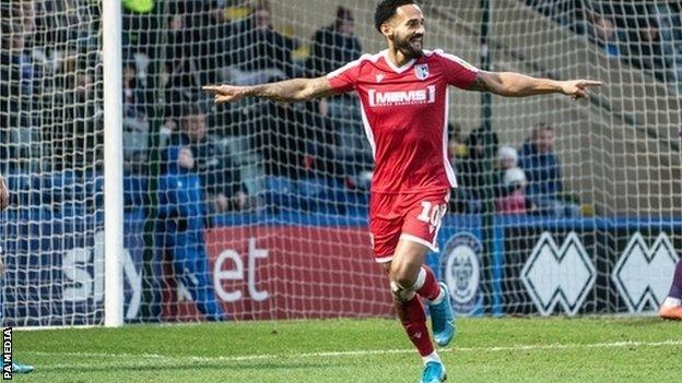 Jordan Roberts celebrates scoring for Gillingham