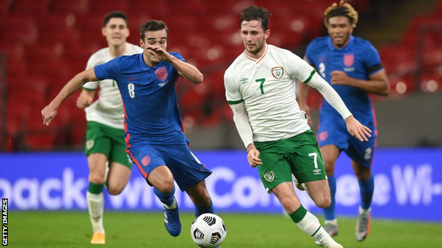 Alan Browne playing for the Republic of Ireland against England on Thursday