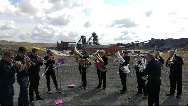 Colliery band at rally at Hatfield mine near Doncaster