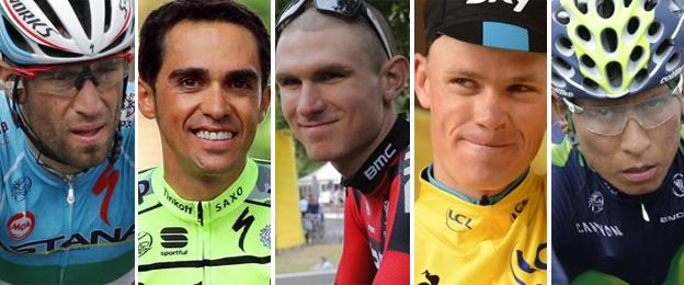 (l-r) Vincenzo Nibali, Alberto Contador, Tejay van Garderen, Chris Froome and Nairo Quintana