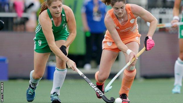 Ireland captain Katie Mullan challenges Dutch opponent Marloes Keetals at the Wagener Stadium