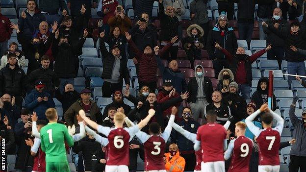 Aston Villa U18s celebrate the FA Youth Cup win in front of their fans