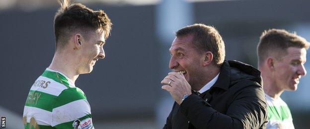 Celtic's Kieran Tierney and manager Brendan Rodgers