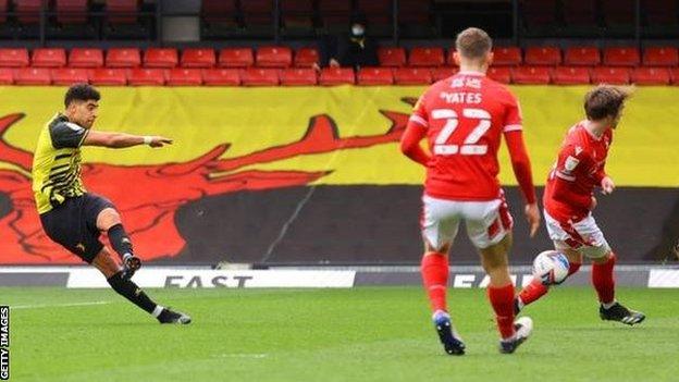 Adam Masina scores for Watford against Nottingham Forest