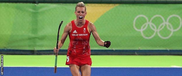 Alex celebrates scoring her second goal against New Zealand as Team GB won the Olympic semi-final in Rio