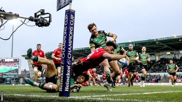 Robert Baloucoune scores Ulster's first try in the corner