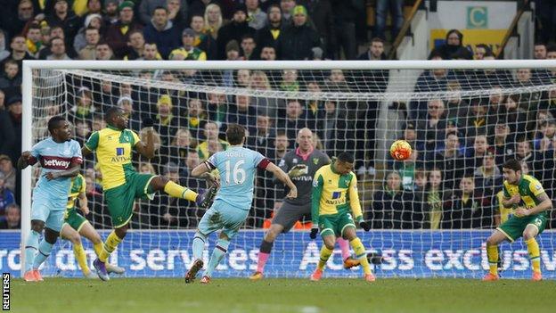 Mark Noble scores for West Ham at Norwich