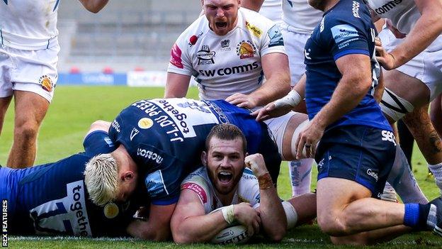 Luke Cowan-Dickie celebrates scoring a try for Exeter Chiefs against Sale