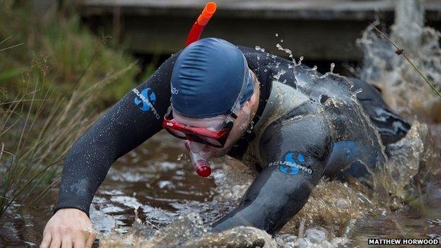 A competitor takes part in the World Bog Snorkelling Championships