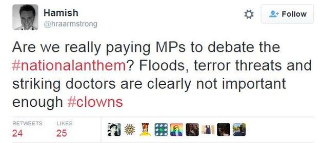 @hraarmstrong: Are we really paying MPs to debate the #nationalanthem? Floods, terror threats and striking doctors are clearly not important enough #clowns