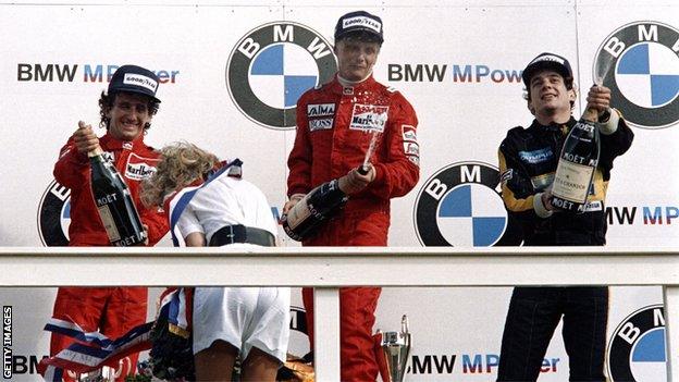 Prost, Lauda and Senna on the podium at the Dutch Grand Prix