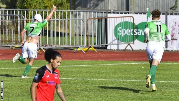 Matt Loaring celebrates putting Guernsey FC 3-2 ahead with 33 minutes to go