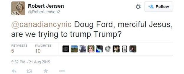 Tweet reads: "Doug Ford, merciful Jesus, are we trying to trump Trump?"