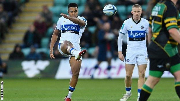 Bath's Max Ojomoh kicks for touch against Northampton