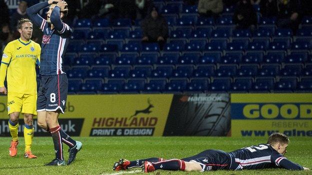 Billy McKay (right) sees his shot saved by Saints keeper Zander Clark.