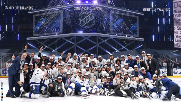 The Tampa Bay Lightning celebrate with the Stanley Cup