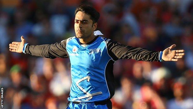 Rashid Khan celebrates taking a wicket for Adelaide Strikers