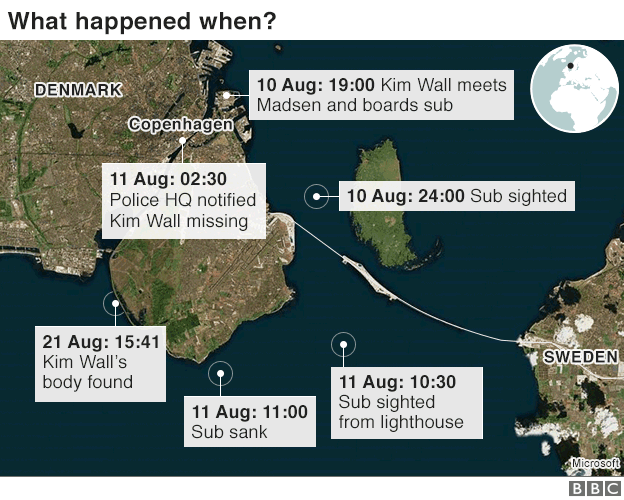 Map showing Copenhagen area, movements of submarine on 10 and 11 August, and location where Kim Wall's body found