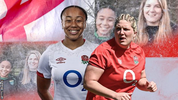 A graphic with an England flag, pictures of Sadia Kabeya at school with Bryony Cleall and pictures of the two players in England kit