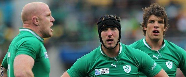 Paul O'Connell, Stephen Ferris and Donncha O'Callaghan after Ireland's 2011 World Cup quarter-final defeat by Wales