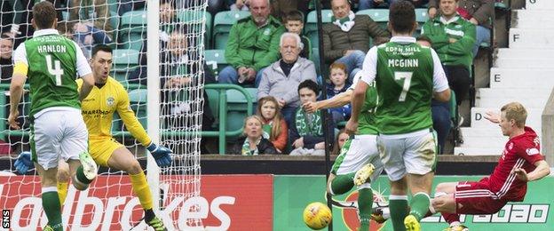 Gary Mackay-Steven (right) scores the only goal of the game for Aberdeen