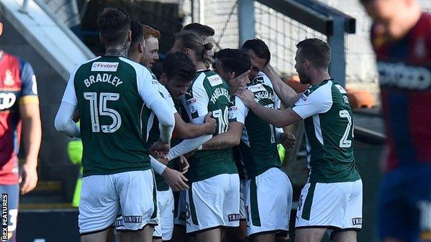 Plymouth Argyle celebrate scoring against Bradford City