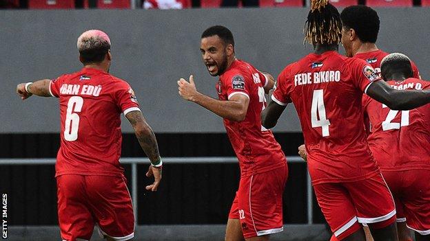 Pablo Ganet and Equatorial Guinea celebrate his goal against Sierra Leone