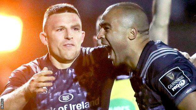 Simon Zebo (right) celebrates after scoring his early try for Munster