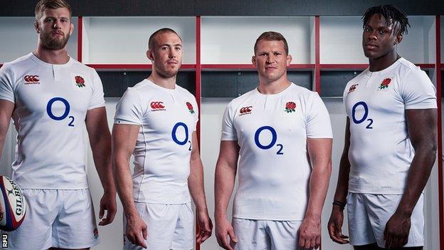 Maro Itoje (far right) appeared alongside England team-mates George Kruis, Mike Brown and captain Dylan Hartley at the launch of the new England Rugby shirt