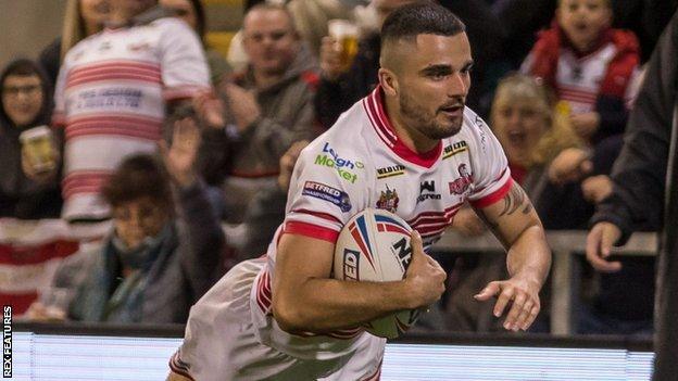 Caleb Aekins scoring a try for Leigh Centurions against Batley