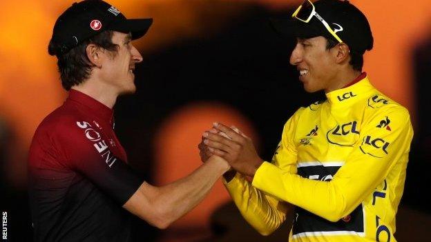 Geraint Thomas and Egan Bernal on the podium in Paris