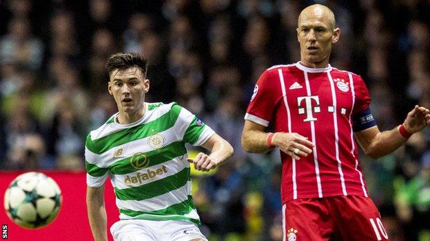 Celtic left-back Kieran Tierney and Bayern Munich's Arjen Robben