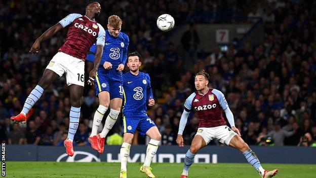 Timo Werner heads in a goal for Chelsea against Aston Villa