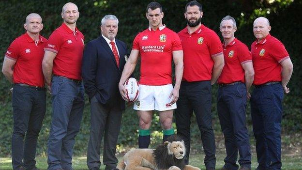 Graham Rowntree, Steve Borthwick, Warren Gatland, Sam Warburton, Andy Farrell, Rob Howley a Neil Jenkins