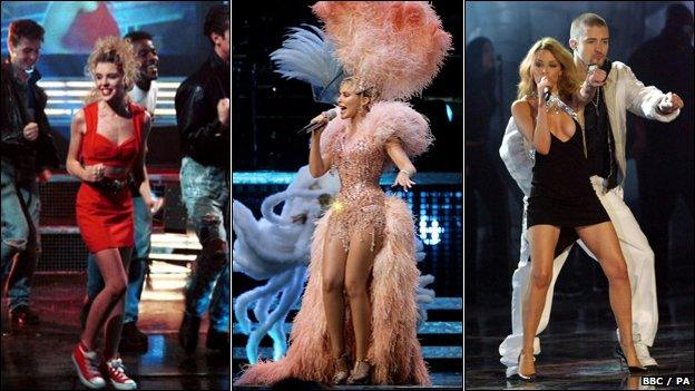 Kylie on Top Of The Pops (1988), the Showgirl Homecoming tour (2005) and with Justin Timberlake at the Brit Awards (2003)