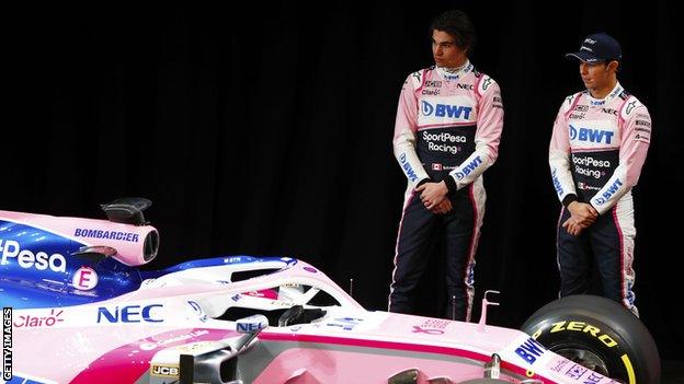 Lance Stroll and Sergio Perez observe the Racing Point car for 2019