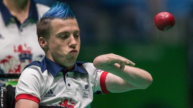 British boccia player David Smith throws the ball while competing in boccia at the 2016 Rio Paralympics