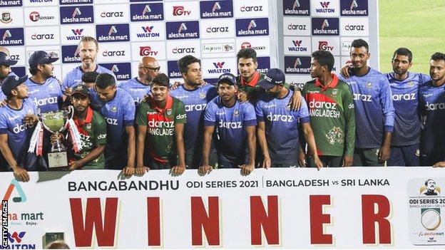 Bangladesh with the ODI series trophy