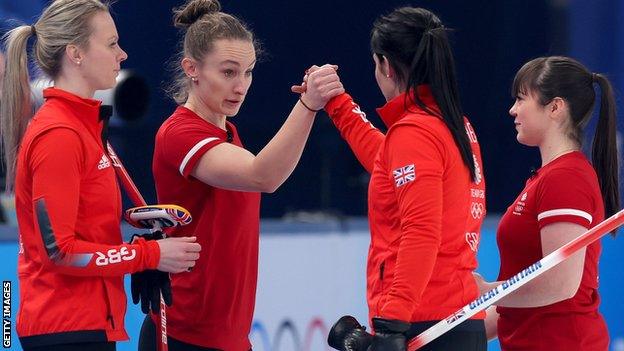 GB curlers Vicky Wright, Jen Dodds, Eve Muirhead, and Hailey Duff