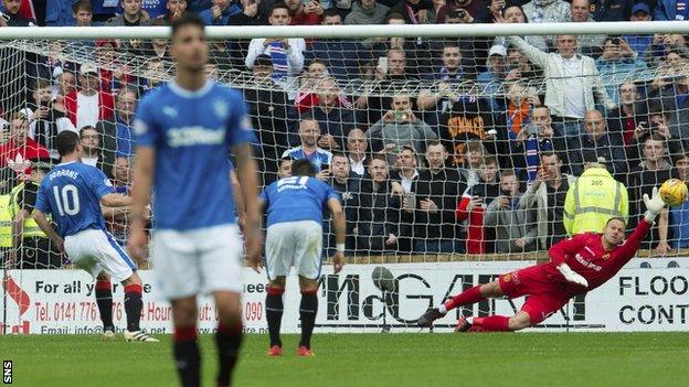 Rangers' Graham Dorrans fires a penalty past Motherwell's Trevor Carson