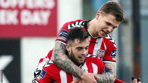 Nathan Boyle is congratulated after scoring his Derry opener against Sligo